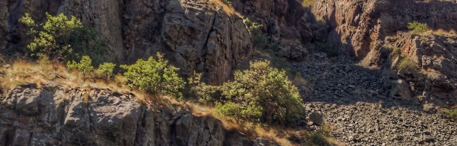 A rocky canyon with a river at its base.