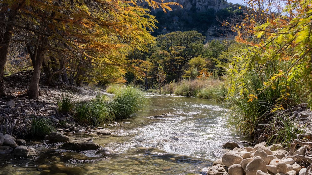 The Rio Frio River Running Through Wild Texas Hill Country in the fall in Concan Texas