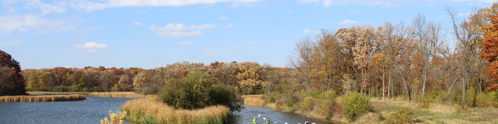 Large group of kayakers at Salt Creek in autumn at Busse Woods in Elk Grove, Illinois