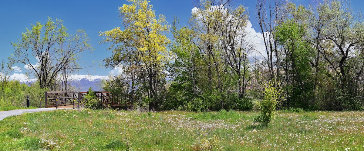 Jordan River Parkway Trail, Redwood Trailhead bordering the Legacy Parkway Trail, panorama views with surrounding trees and silt filled muddy water along the Rocky Mountains, Salt Lake City, Utah.