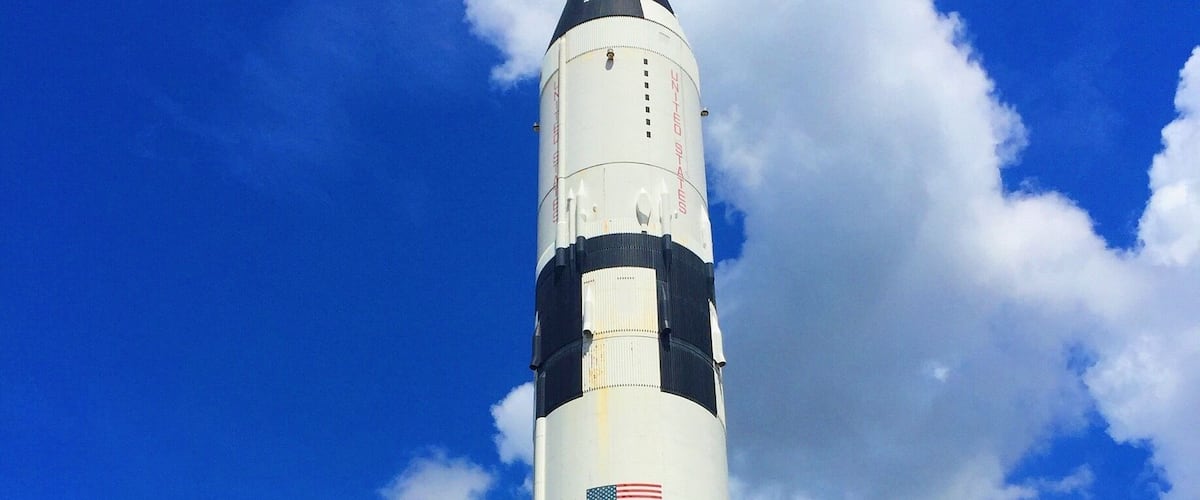 The vertical model of the Apollo Saturn V Moon Rocket located in the Space and Rocket Museum in Huntsville, Alabama