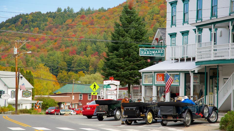 A vintage car in front of a hardware store with a sign that reads "The Hardware Store".