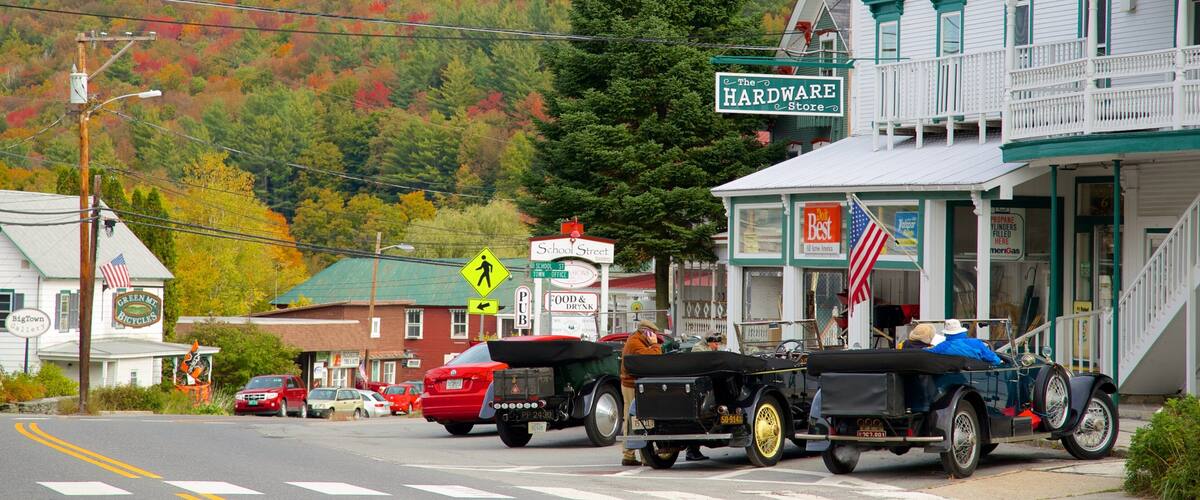 A vintage car in front of a hardware store with a sign that reads "The Hardware Store".