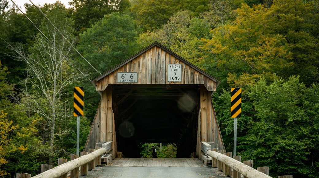 Roscoe, NY - USA - Sept 17, 2022 Horizontal view of the entrance to the Beaverkill Covered Bridge, also known as the Conklin Bridge, a wooden covered bridge over the Beaver Kill.