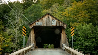 Roscoe, NY - USA - Sept 17, 2022 Horizontal view of the entrance to the Beaverkill Covered Bridge, also known as the Conklin Bridge, a wooden covered bridge over the Beaver Kill.