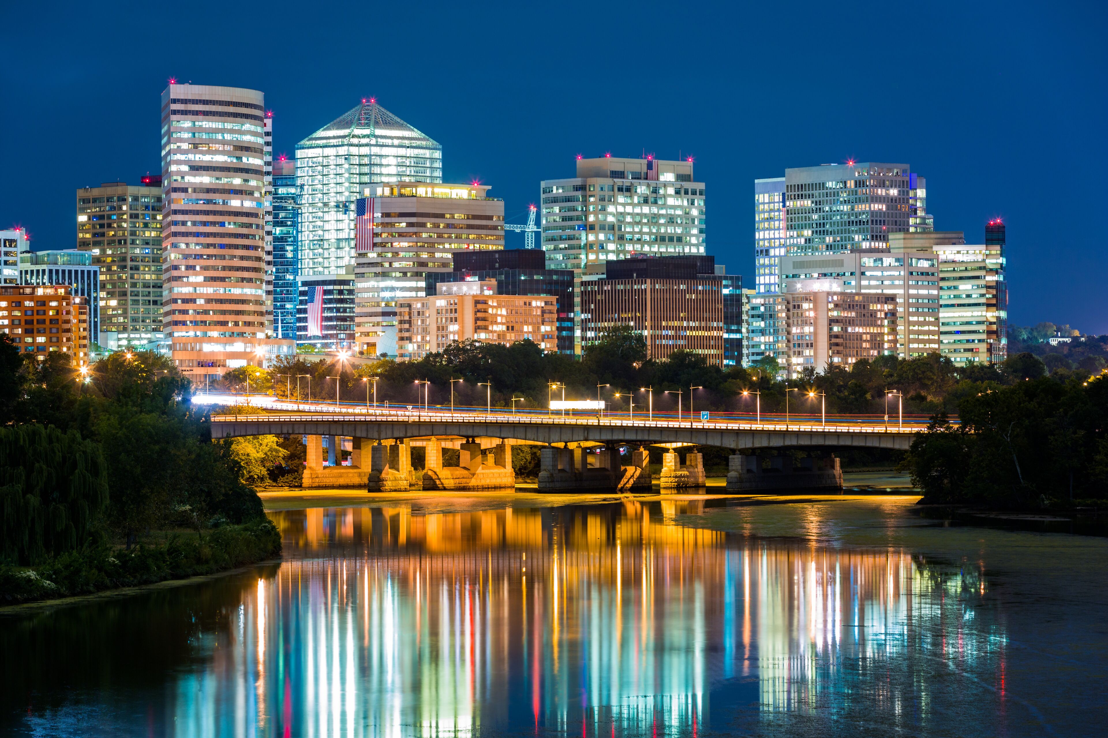 Rosslyn district skyline connected to  Washington DC through Theodore Roosevelt memorial bridge.