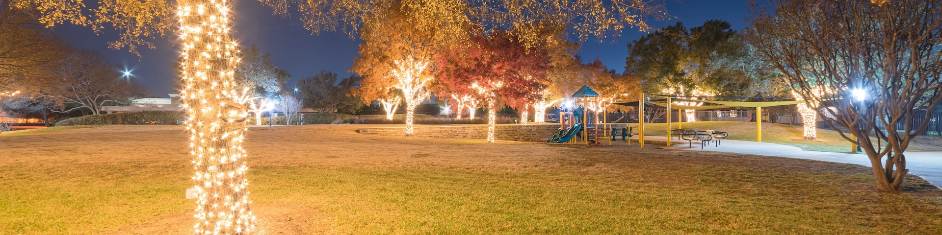 A park at night with a tree decorated with lights, a playground, and a gazebo.