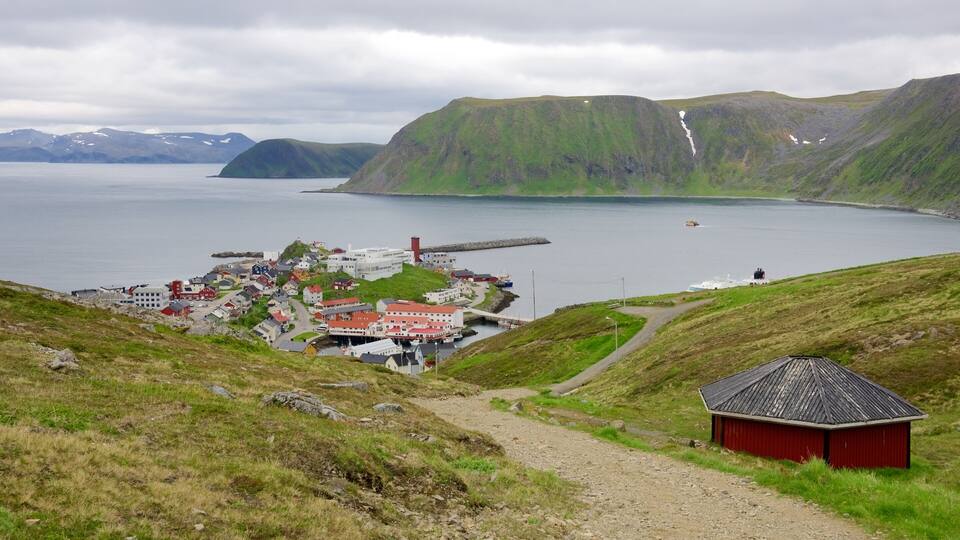 A coastal village with buildings, a lighthouse, and a fjord.