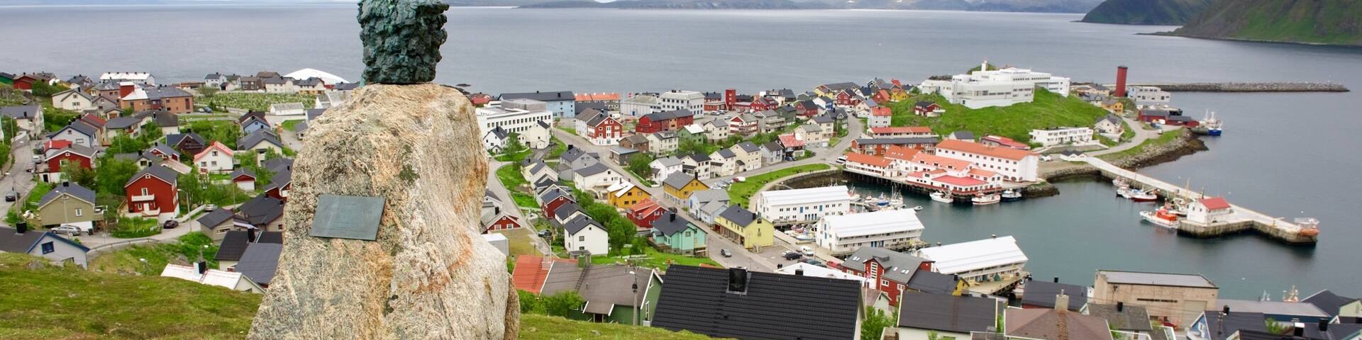 Honningsvag showing a monument, a coastal town and general coastal views