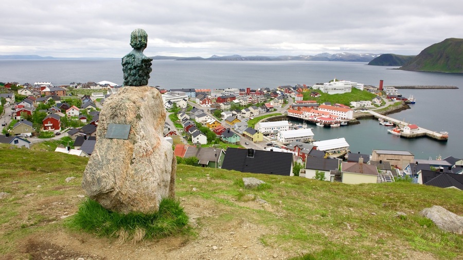 Honningsvag showing a coastal town, general coastal views and a monument