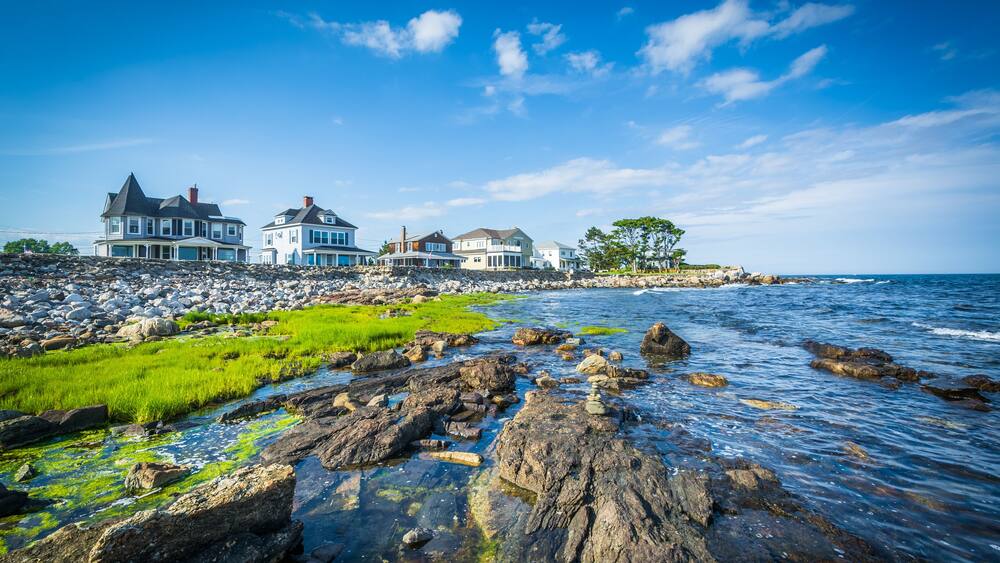 Rocky coast and beachfront homes at Concord Point, in Rye, New H
