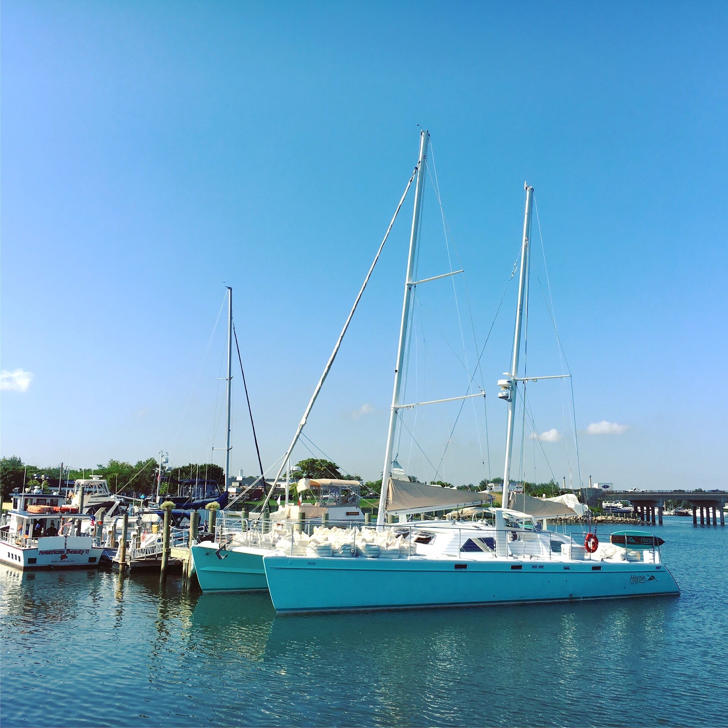 A marina with several sailboats docked.