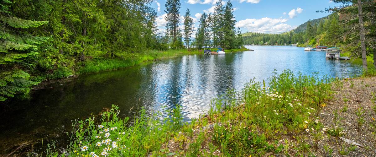 A scenic section near Bottle Bay on Lake Pend Oreille near Sagle and Sandpoint Idaho, with boats moored along the banks of the inlet