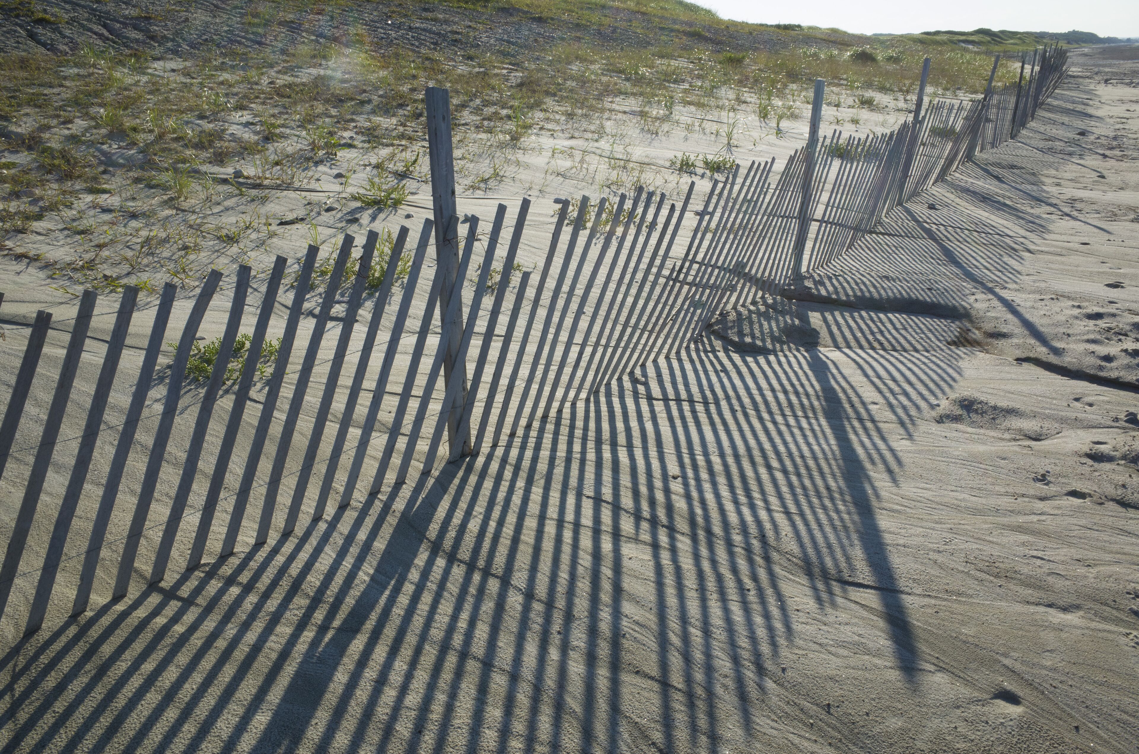 A sandy beach with a wooden fence and shadows of palm leaves.