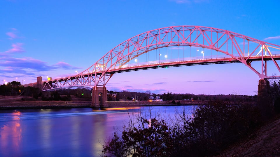 Sagamore Bridge at Night over the Cape Cod Canal on Cape Cod, Massachusetts, USA, Long Exposure Photo