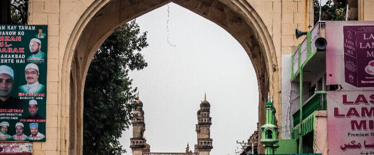 The Charminar in Hyderabad, a beautiful old building in the center of the old city.