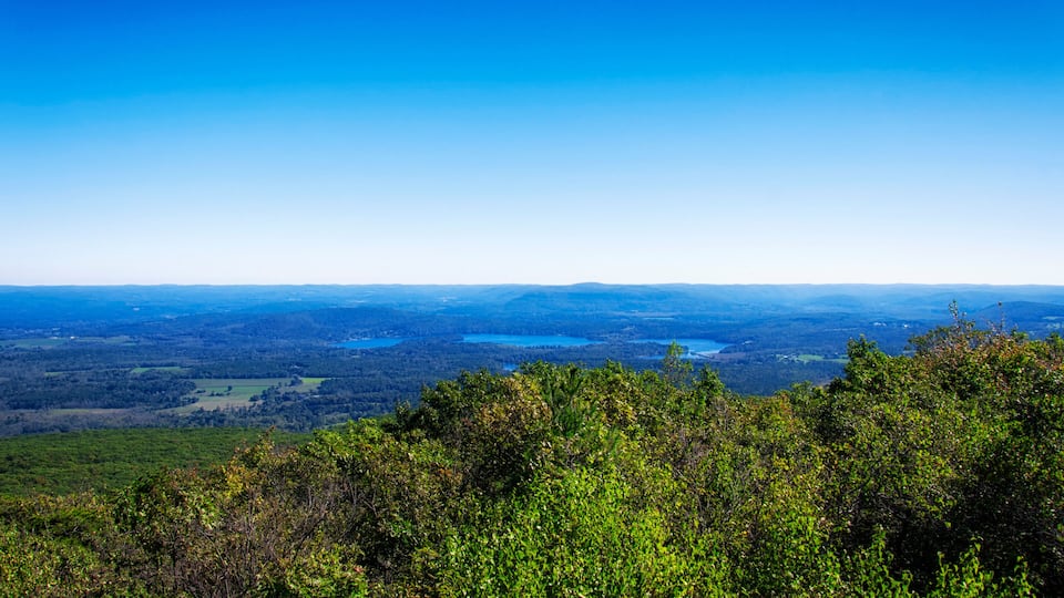 A mountainous landscape with dense green foliage in the foreground and a vast view of rolling hills and lakes in the distance under a clear blue sky.