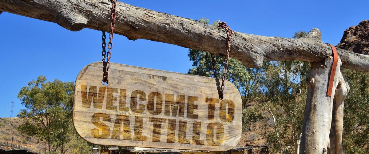 A wooden sign that reads "WELCOME TO SALTILLO" hanging from a tree branch.