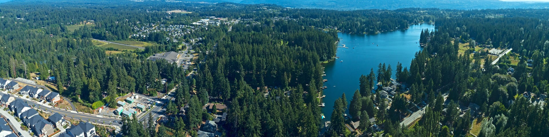 A lake surrounded by dense forest and residential areas.