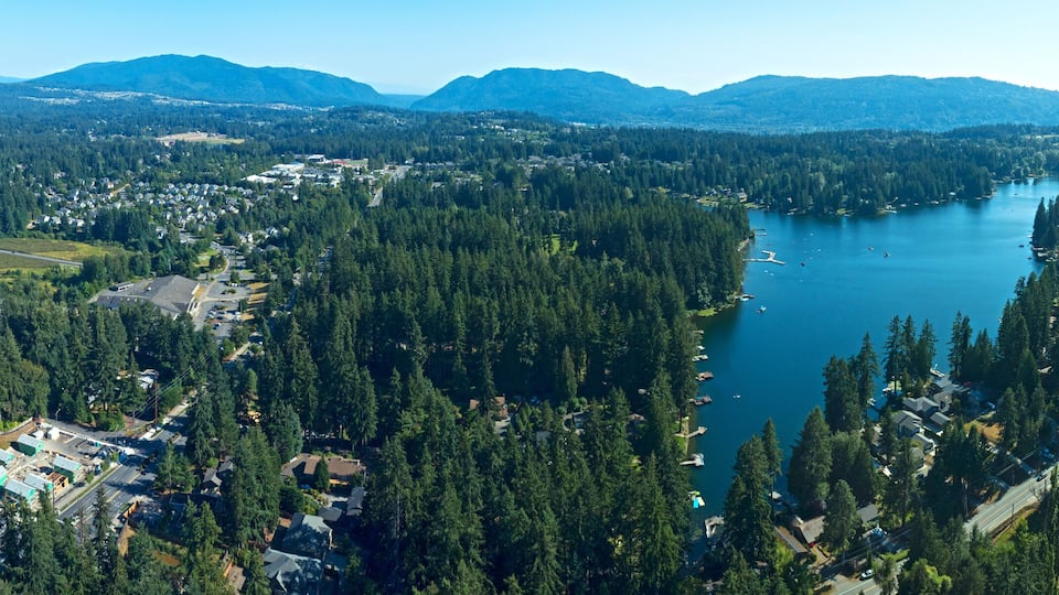 A lake surrounded by dense forest and residential areas.