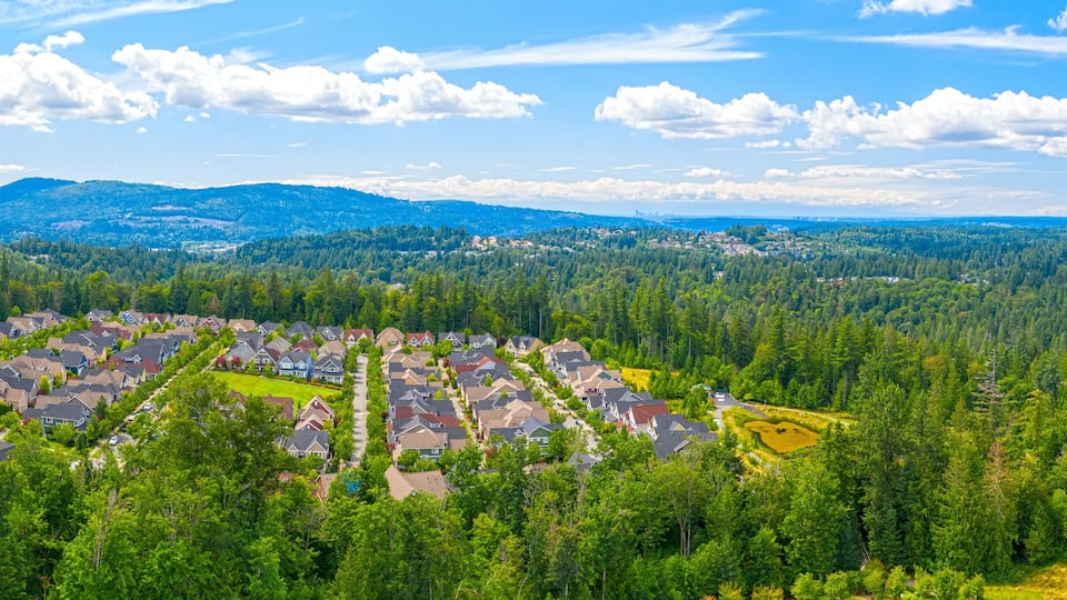 A residential area surrounded by dense forest and mountains.