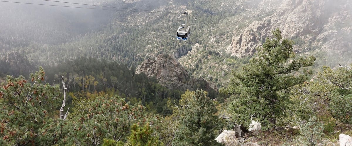 A cable car moving through a mountainous landscape with dense forests and rocky terrain.
