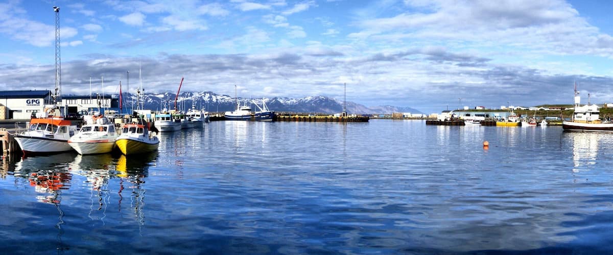 A harbor with boats, a large building with 'PG' on it, and mountains in the background.