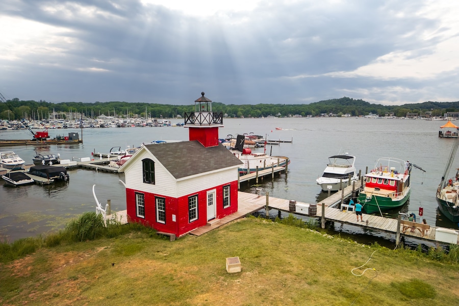Scenic aerial view of Douglas light house in the Michigan state.
