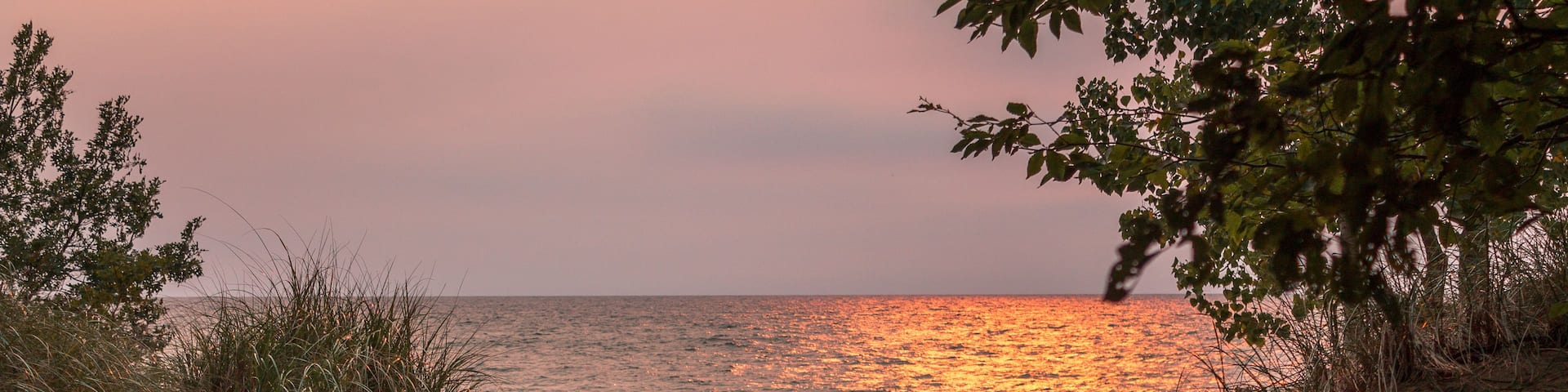 A beach path leading to the ocean with waves and a sunset.