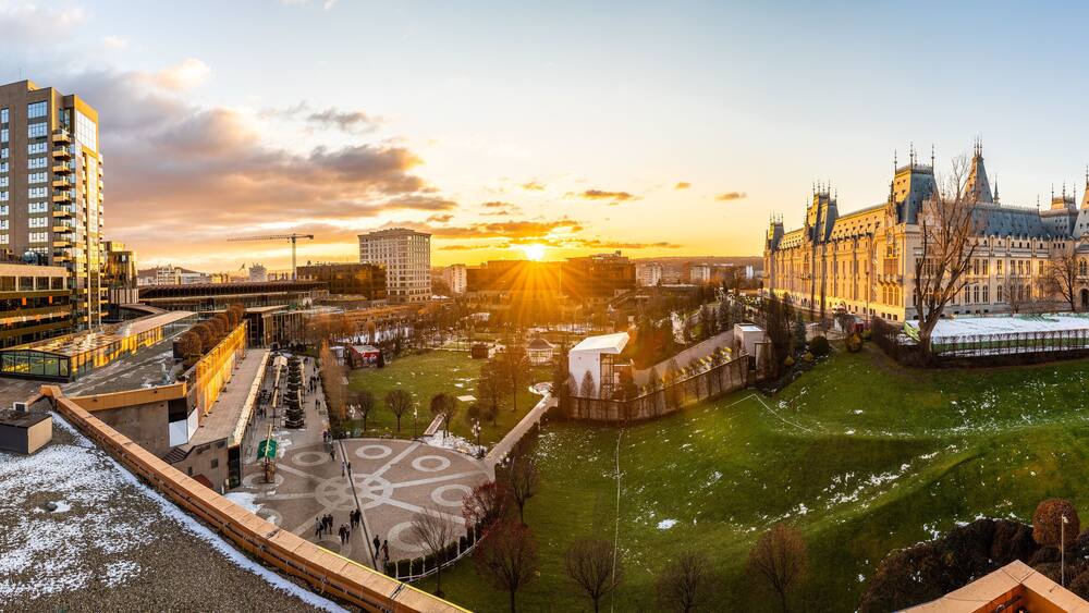 Panoramic view of Cultural Palace and central square in Iasi city, Romania