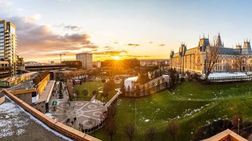 Panoramic view of Cultural Palace and central square in Iasi city, Romania