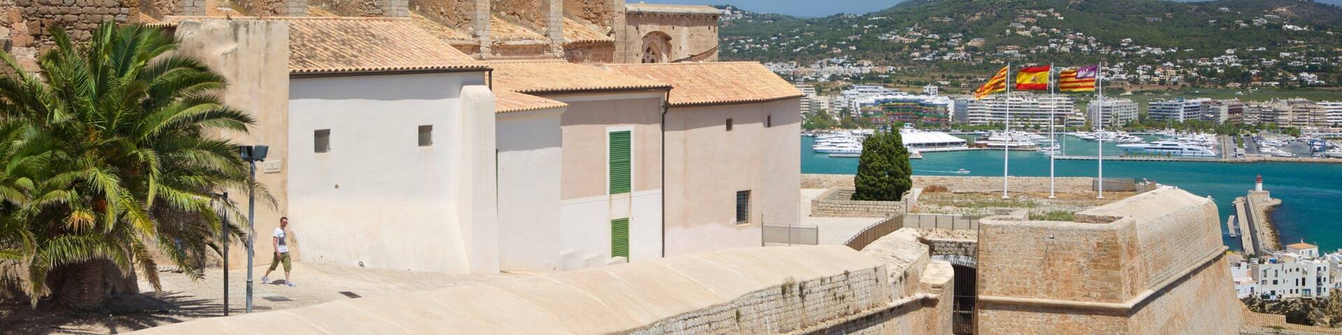 A coastal town with a historic church, palm trees, and a view of the sea with boats and flags.