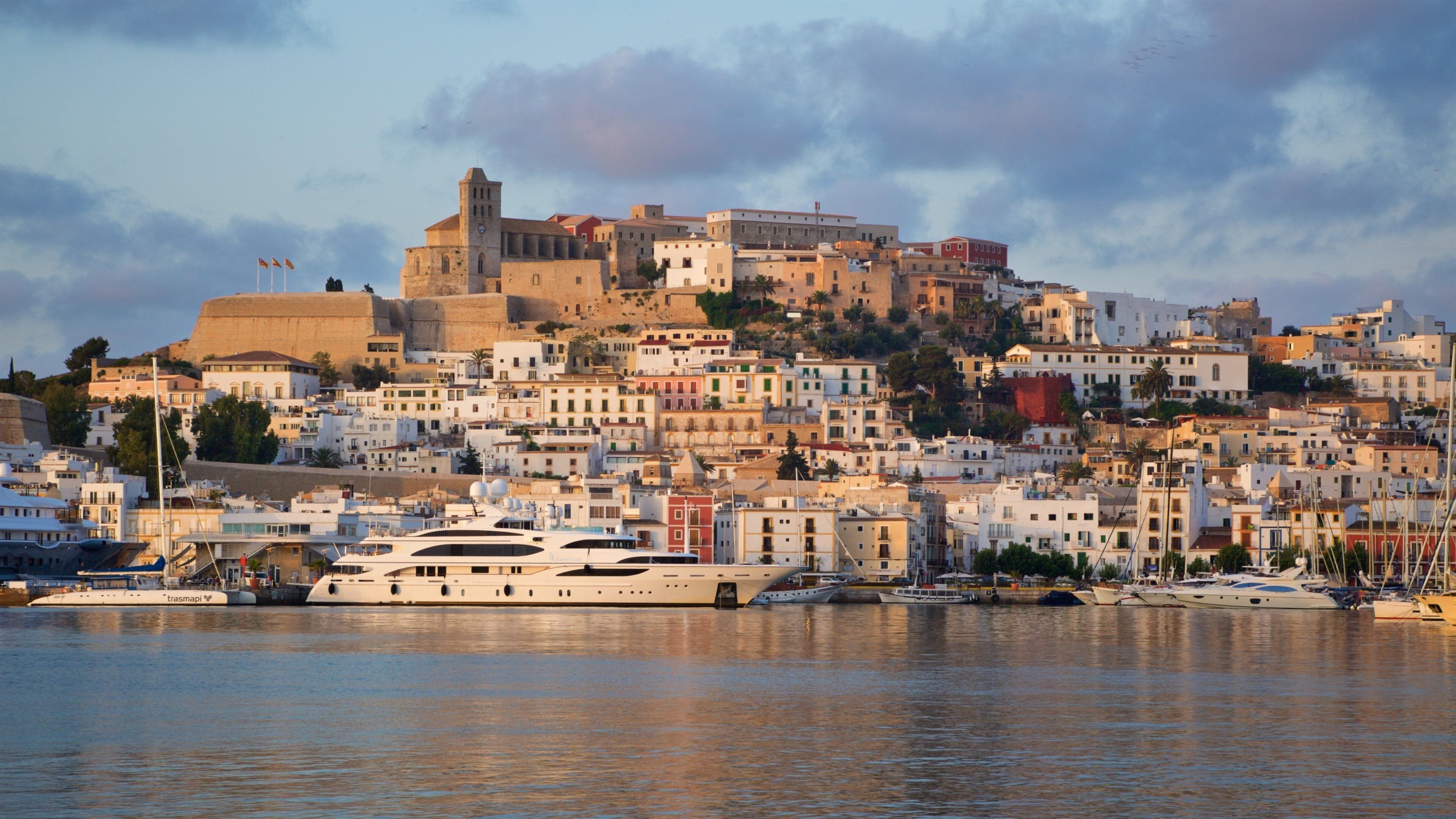 A coastal cityscape with historic buildings, a prominent castle, and a marina with yachts.