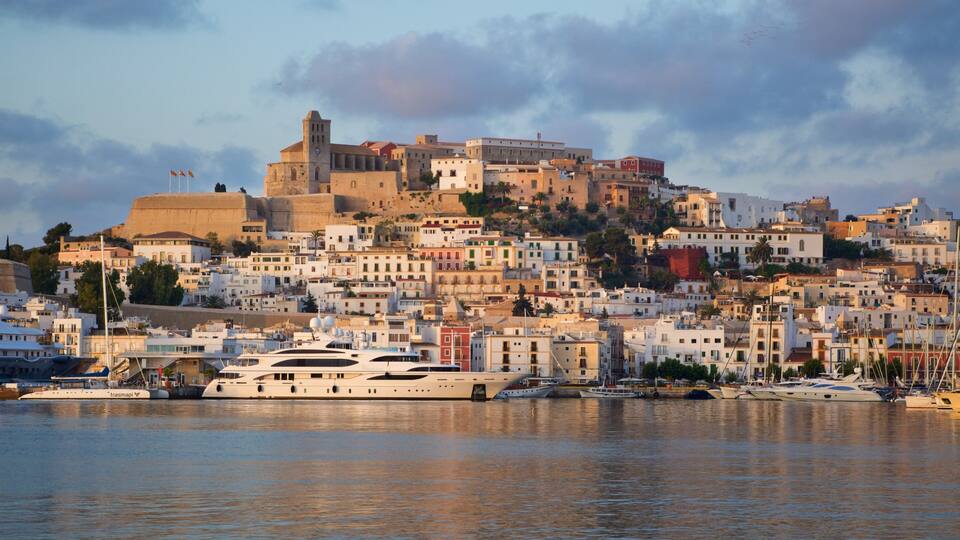 A coastal cityscape with historic buildings, a prominent castle, and a marina with yachts.