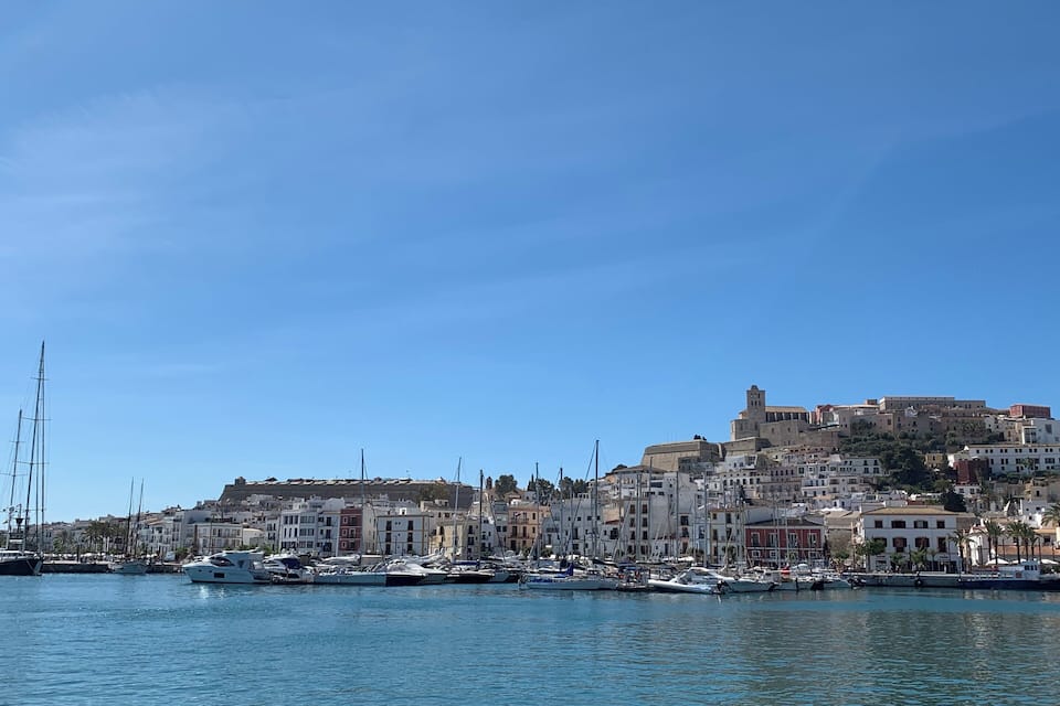 A coastal town with a marina filled with boats, historic buildings, and a prominent castle on a hill.