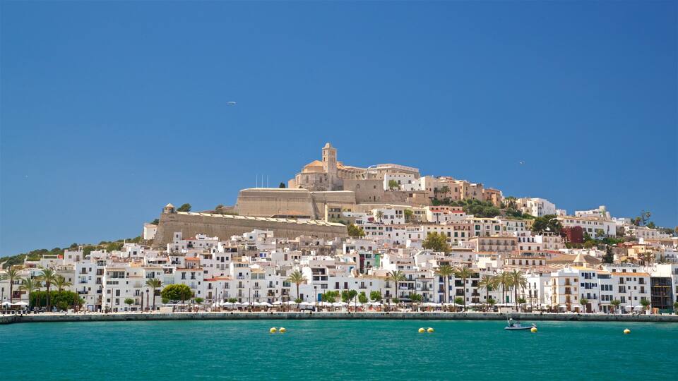 A coastal city with a prominent castle on a hill, white buildings, and a clear blue sky.