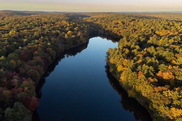 Ein Fluss schlängelt sich durch ein dicht bewaldetes Gebiet mit Herbstlaub.