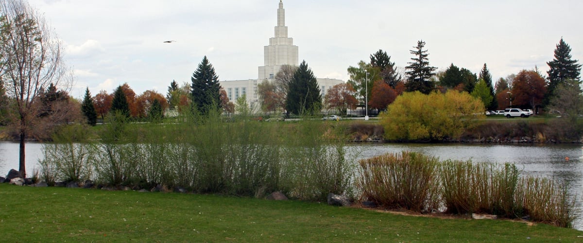A park with a lake, trees, and a building with a spire.