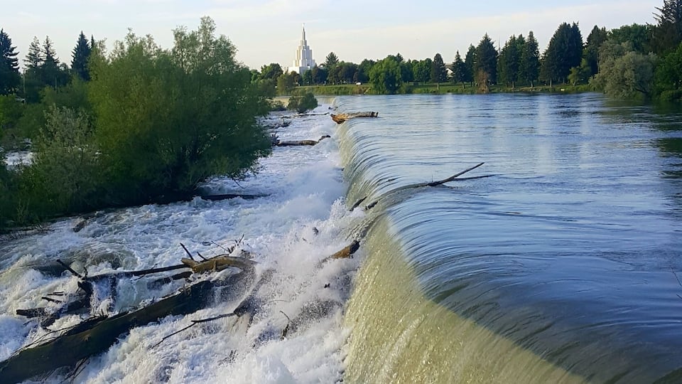A river with a dam, trees, and a distant tower.