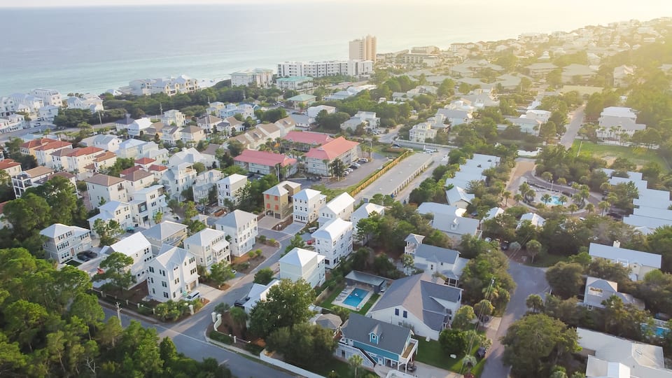 Three story upscale vacation rental homes, condo buildings near Seagrove community along county road 30A spanning 2 miles of sandy Gulf shoreline and Florida Emerald Coast, Santa Rosa, Florida