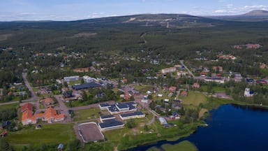 A lakeside community with residential buildings, a large parking lot, and a mountain in the background.