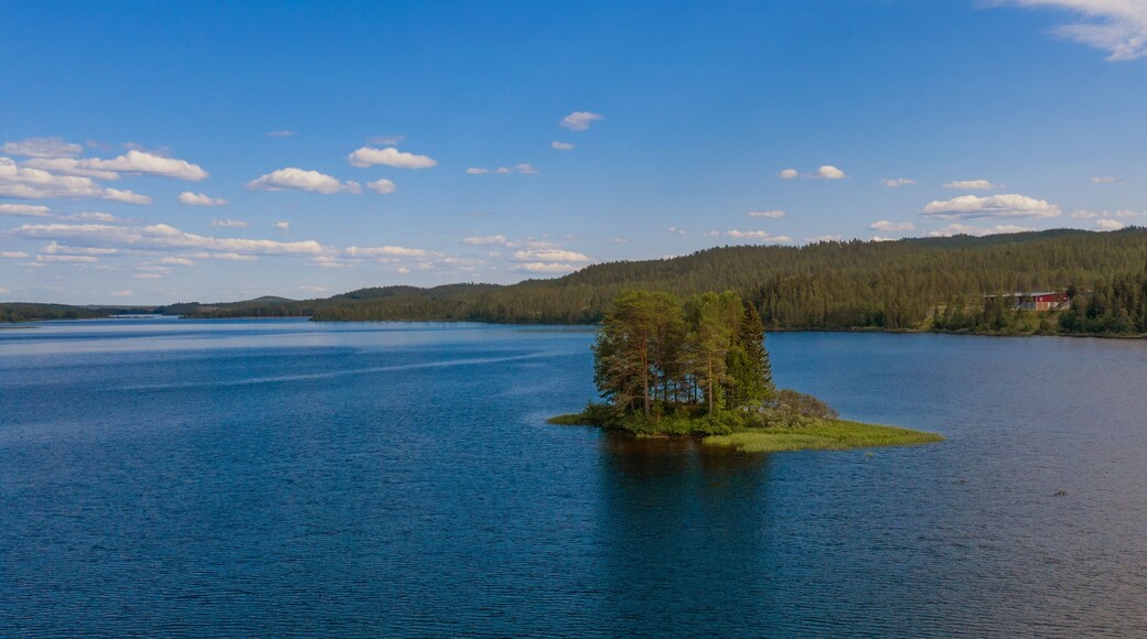 Small island on the Storån-Österdalälven lake in Idre, Sweden. Drone shot, july 2019