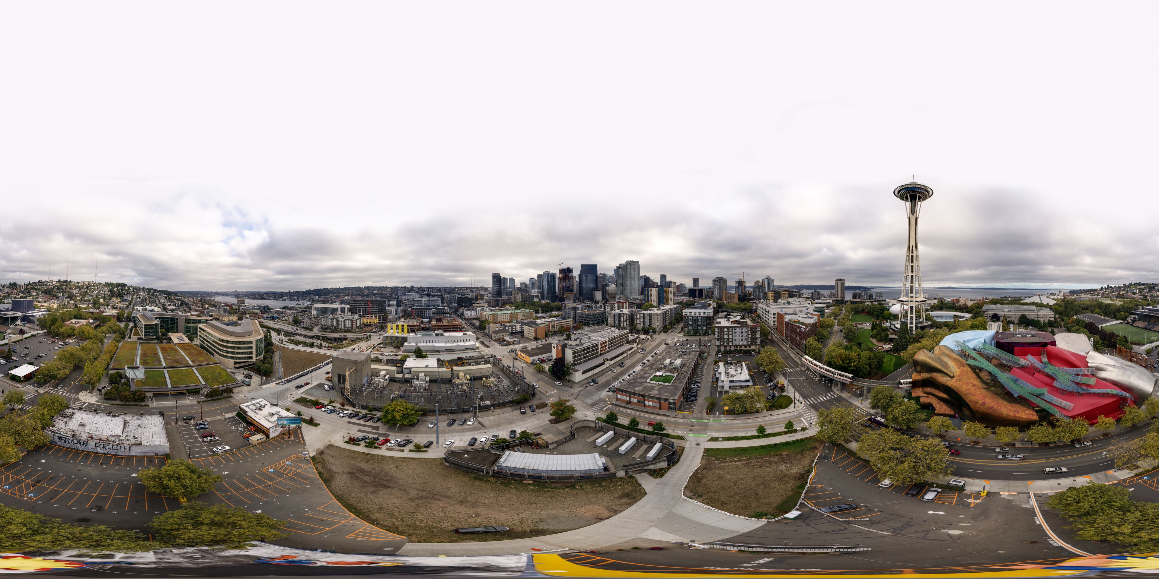 Aerial 360 spherical equirectangular image of Seattle Space Needle and Downtown