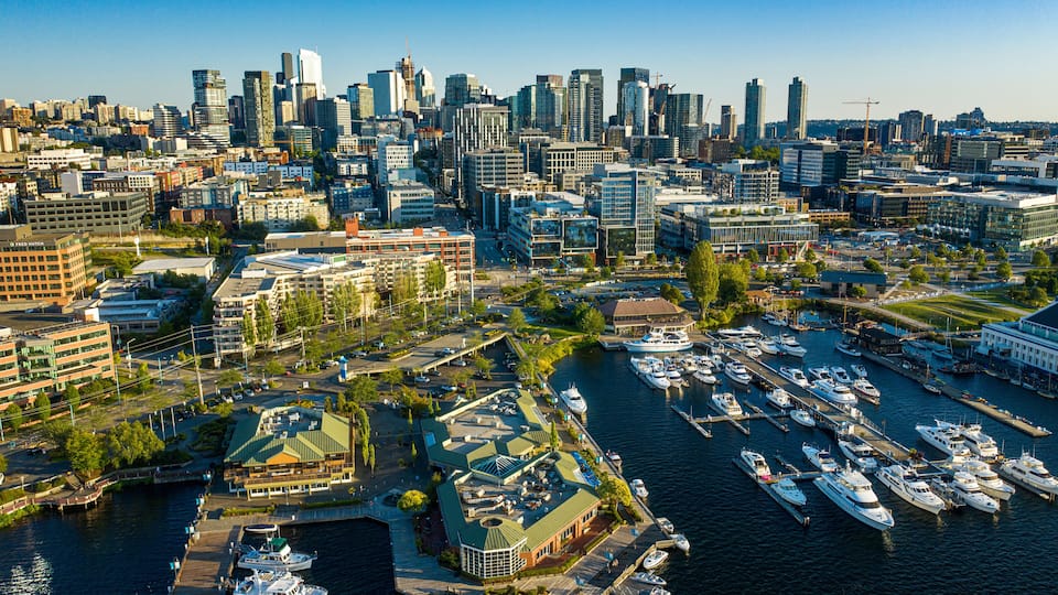 A cityscape with a marina filled with boats, surrounded by modern buildings and a clear sky.