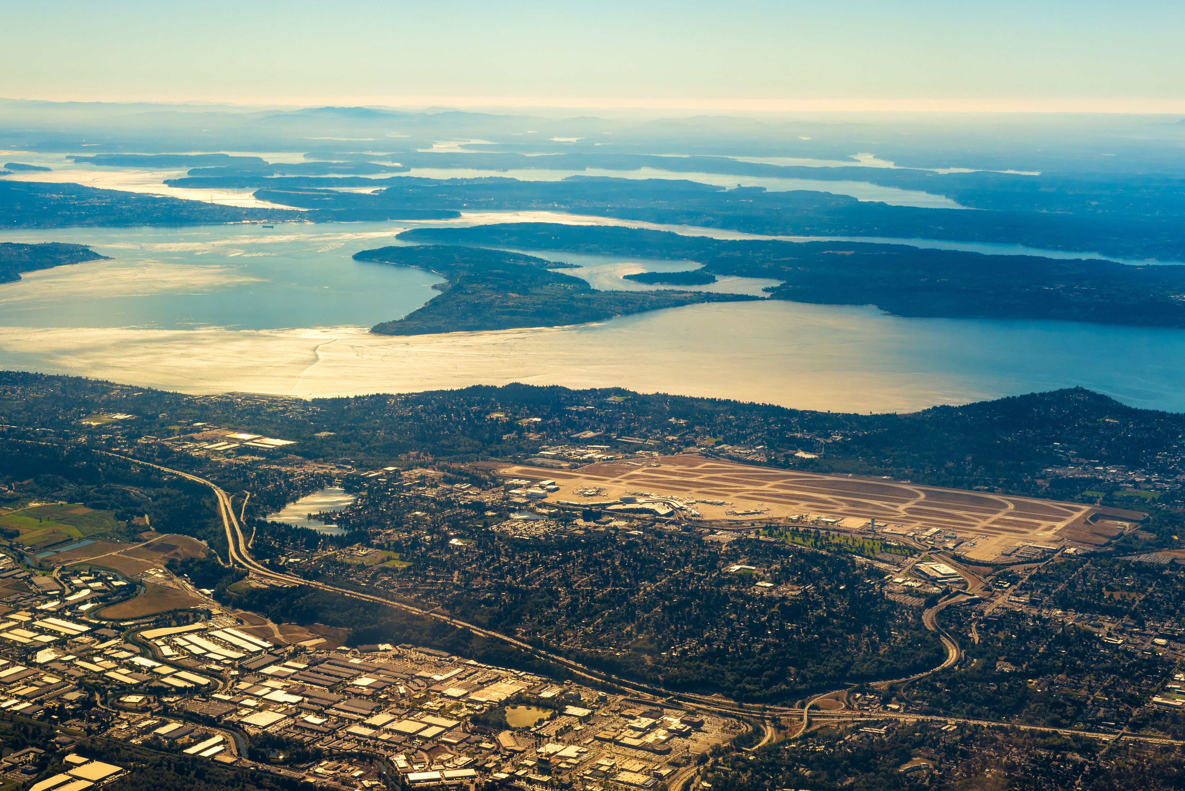 Seattle-Tacoma airport and the southern end of Puget Sound, seen from the air