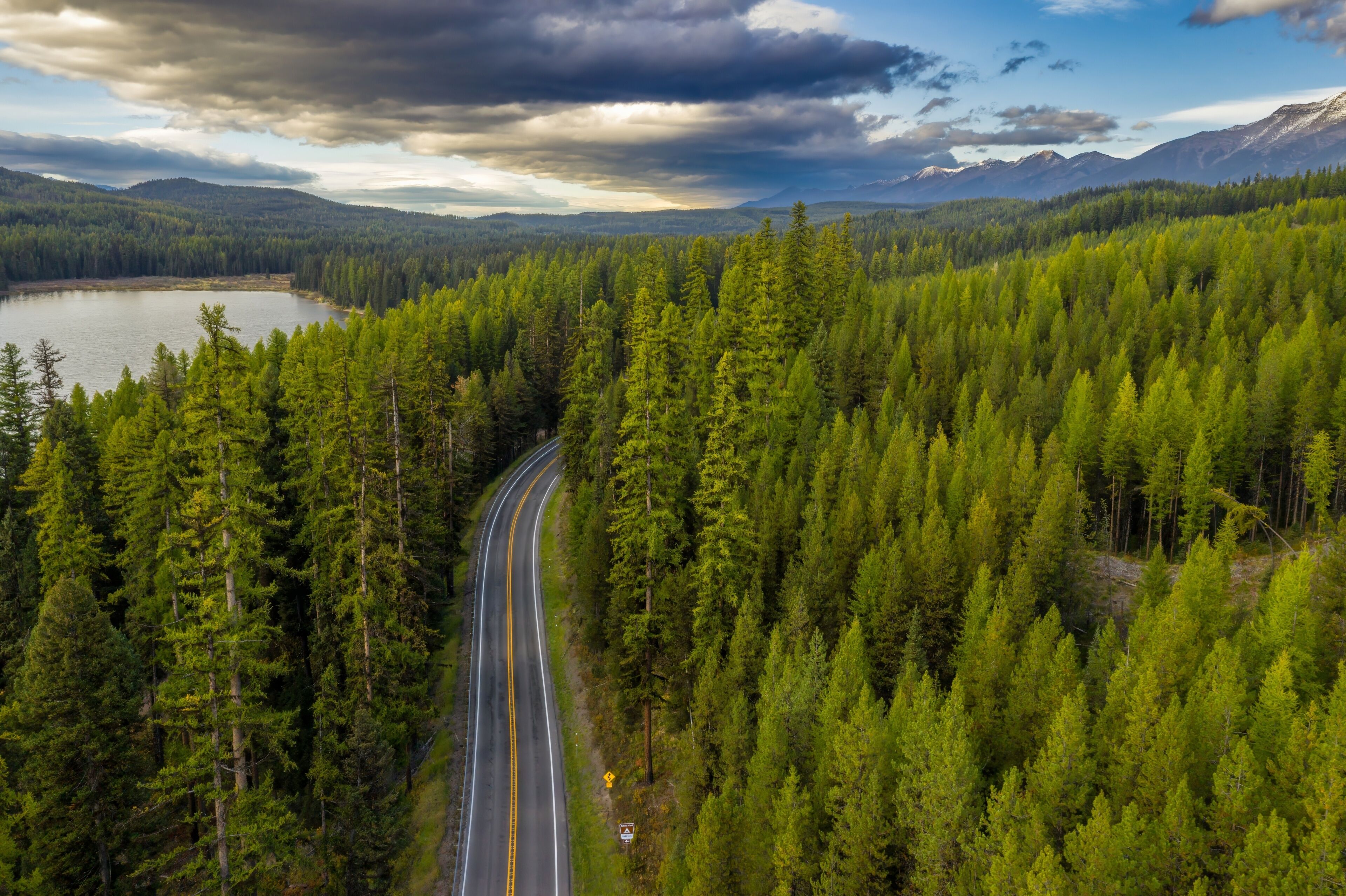 A winding road through a dense forest with a lake and mountains in the background.