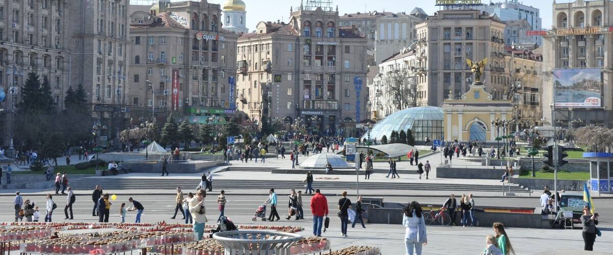 Maidan Nezalezhnosti was a war zone not so many months ago, but now the conflict manifests as flowers and posters memorializing those that died in Kyiv and in eastern Ukraine, and supporting the soldiers still fighting in the eastern provinces. It's a bustling city square that is closed to vehicle traffic on the weekends.