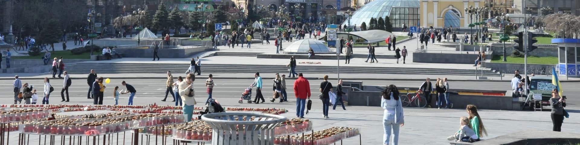 Maidan Nezalezhnosti was a war zone not so many months ago, but now the conflict manifests as flowers and posters memorializing those that died in Kyiv and in eastern Ukraine, and supporting the soldiers still fighting in the eastern provinces. It's a bustling city square that is closed to vehicle traffic on the weekends.