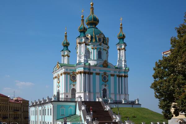 St. Andrew's Church in Kiev - an Orthodox church in honor of the Apostle Andrew the First-Called; It was built in the Baroque style by the architect Bartolomeo Rastrelli in 1754 on St. Andrew’s Mountain. It is located on the steep right bank of the Dnieper, above the historical part of the city - Podol.