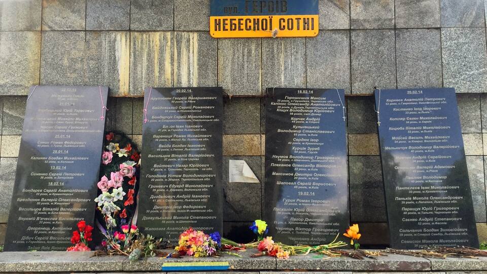 Street of the Heavenly Hundred Heroes. The plaques underneath name those who died during the crazy/violent days of the maidan protests, and their dates of death. This is under one end of the pedestrian bridge.